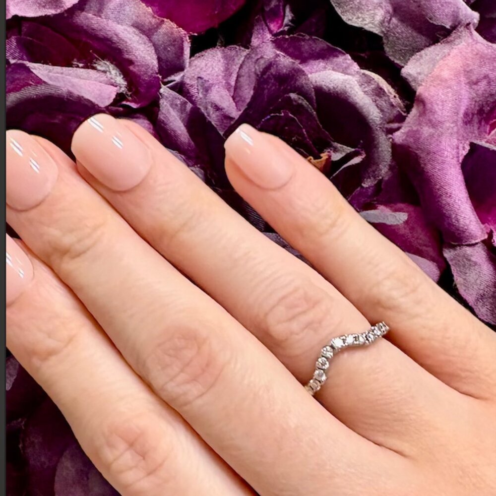 Lightly Used Curved Pave Moissanite Half Eternity Wedding Band Stackable Ring.